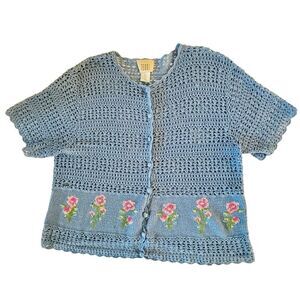 VTG Blue Floral Knit Cottage Core Knit Cardigan Top Sz XL‎ Covered Buttons Gma
